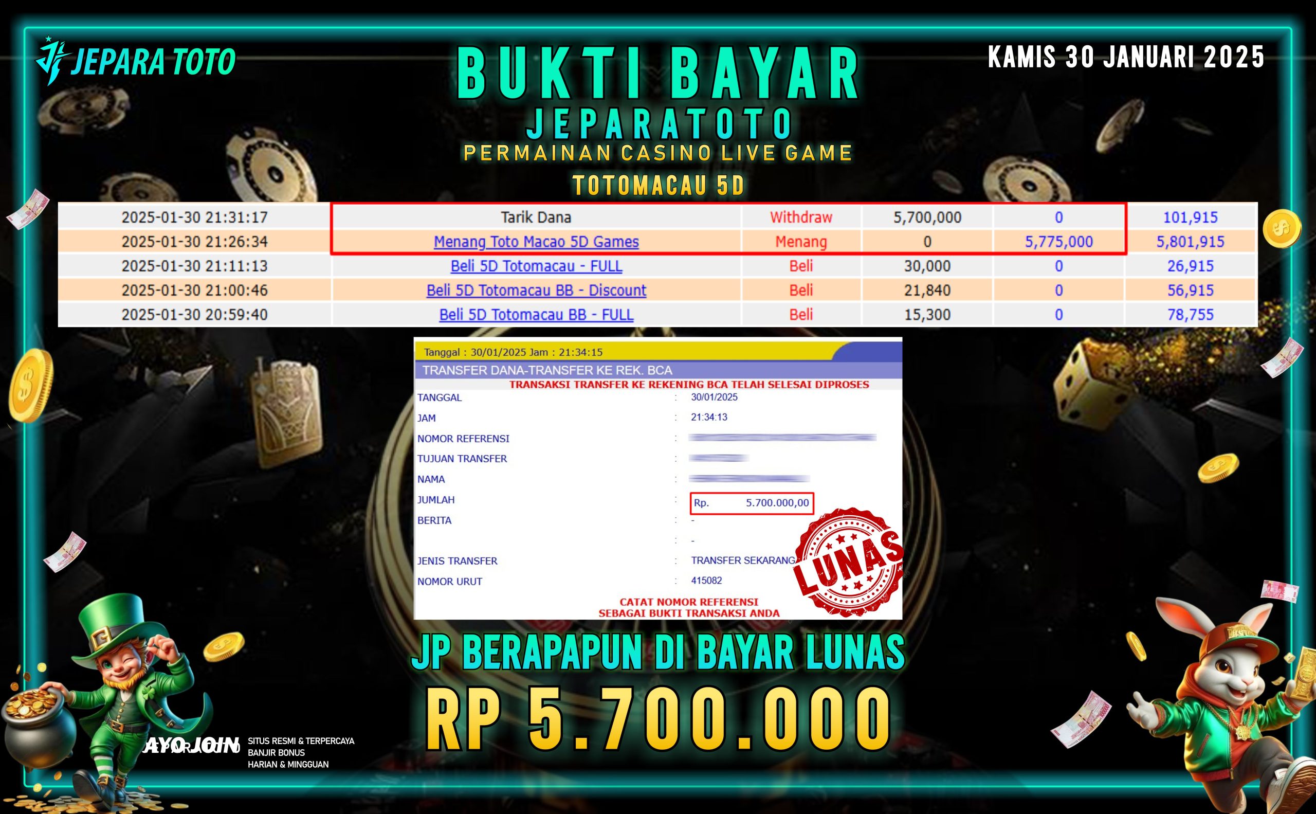 BUKTI KEMENANGAN CASINO LIVE GAME TOTOMACAU 5D MEMBER JEPARATOTO